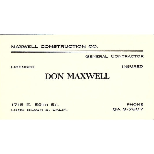 Maxwell Construction Co Don Maxwell Long Beach CA Vintage Business Card SD9-B3