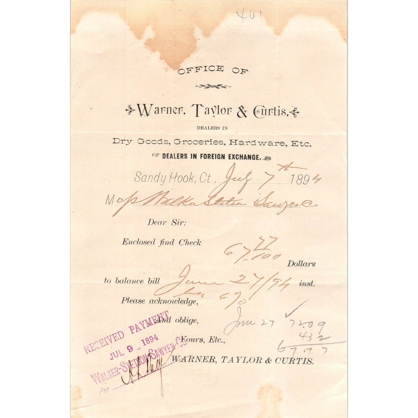 1894 Warner, Taylor & Curtis Dry Goods Sandy Hook CT Receipt Letterhead D24