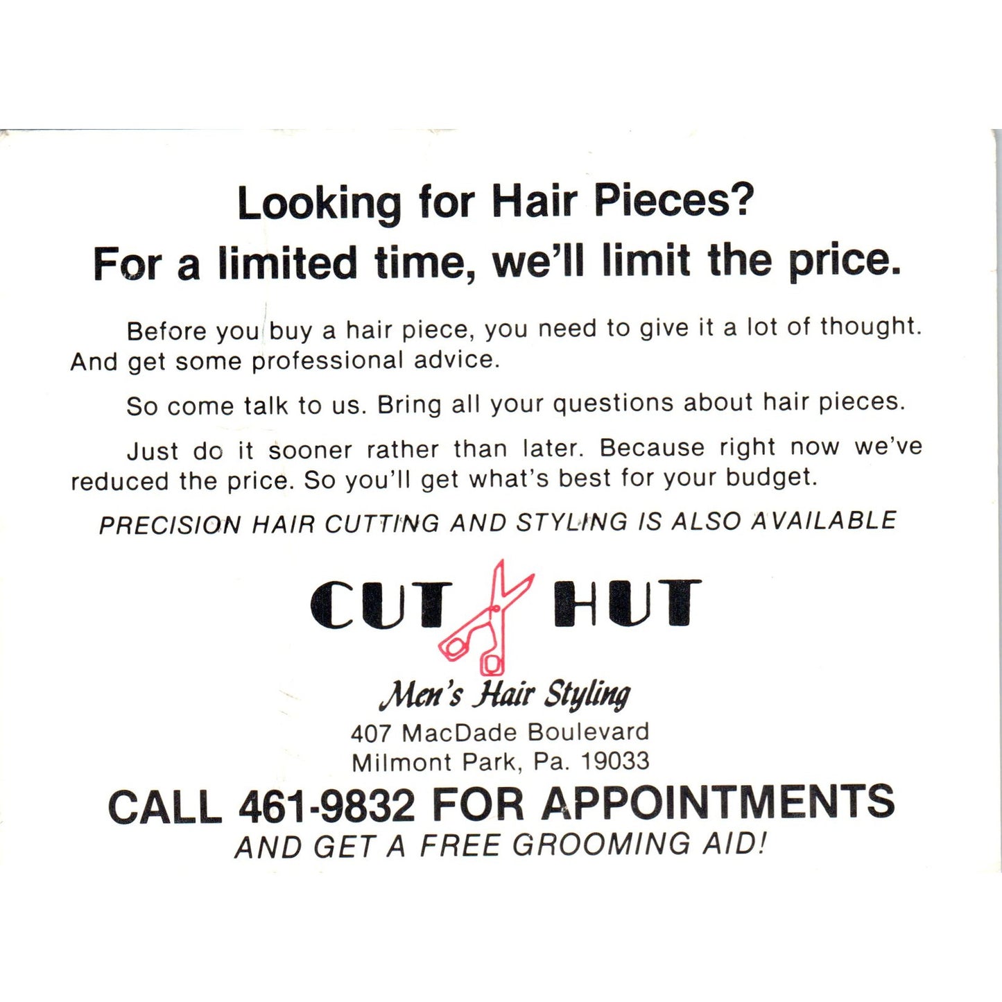 c1980 Cut Hut Men's Hair Styling Hair Pieces Milmont Park PA Postal Card PD7