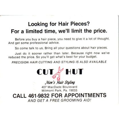 c1980 Cut Hut Men's Hair Styling Hair Pieces Milmont Park PA Postal Card PD7