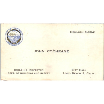 John Cochrane Building Inspector Long Beach CA Vintage Business Card SD8-B3