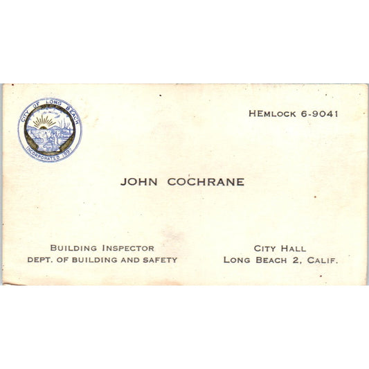 John Cochrane Building Inspector Long Beach CA Vintage Business Card SD8-B3