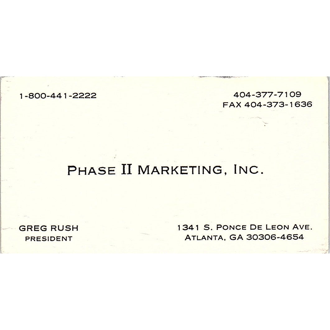 Greg Rush Phase II Marketing Inc Atlanta GA Vintage Business Card SC9-B7