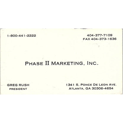 Greg Rush Phase II Marketing Inc Atlanta GA Vintage Business Card SC9-B7