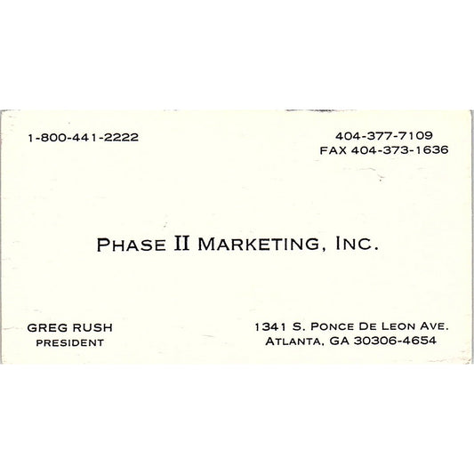 Greg Rush Phase II Marketing Inc Atlanta GA Vintage Business Card SC9-B7