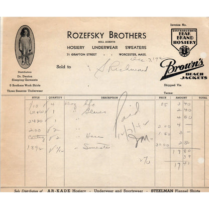 Rozefsky Bros Mill Agents Worcester MA 1940s Original Billhead Letterhead D4