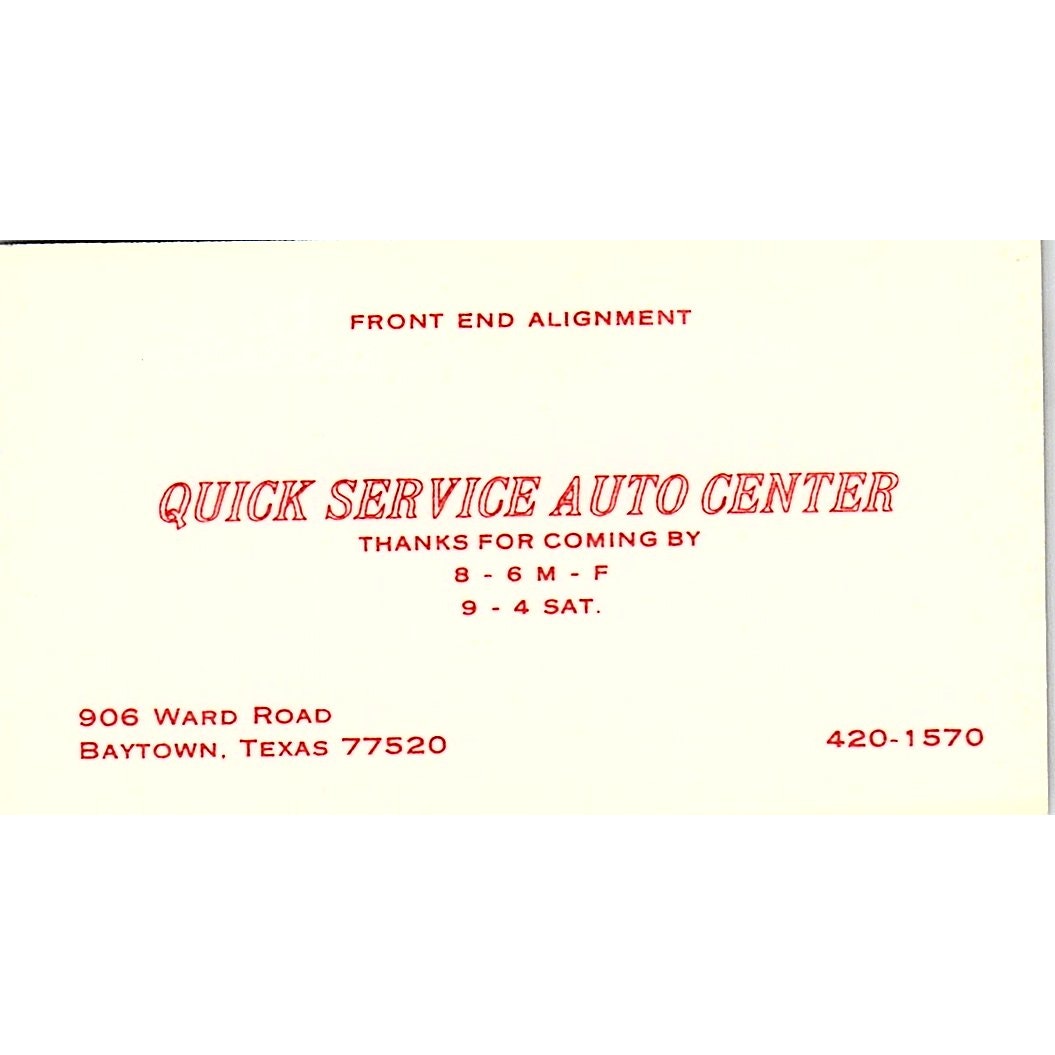 Quick Service Auto Center Baytown TX Vintage Business Card SE3-B13