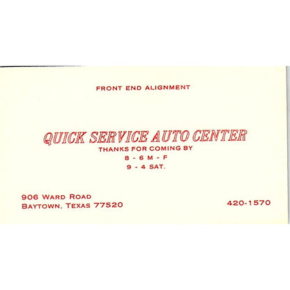 Quick Service Auto Center Baytown TX Vintage Business Card SE3-B13