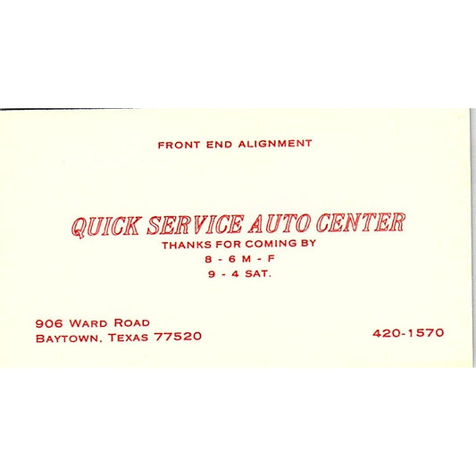 Quick Service Auto Center Baytown TX Vintage Business Card SE3-B13