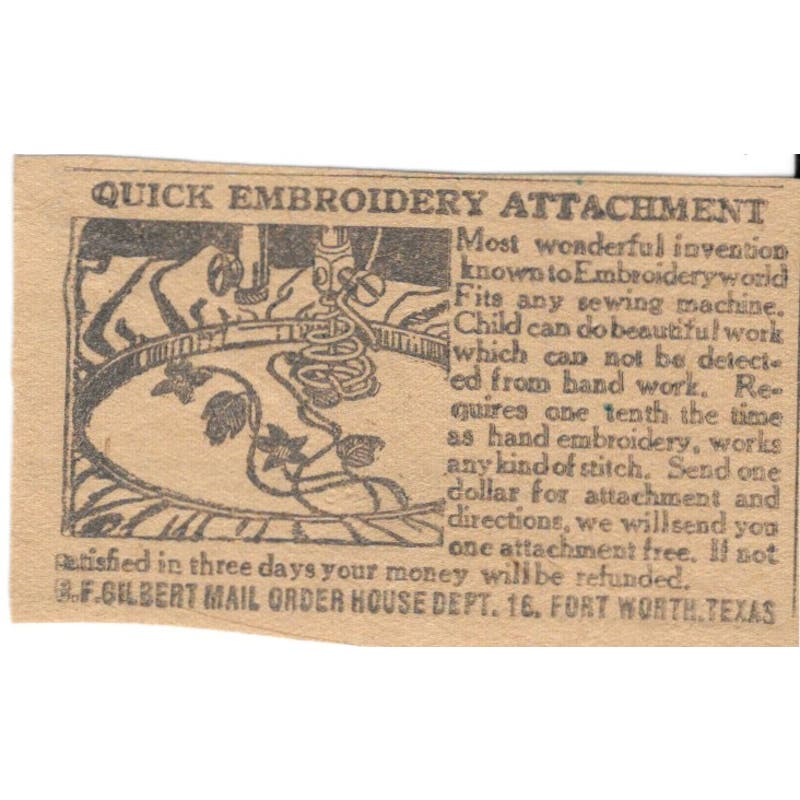B.F. Gilbert Fort Worth TX Quick Embroidery 1923 Magazine Ad Clip AE1-8