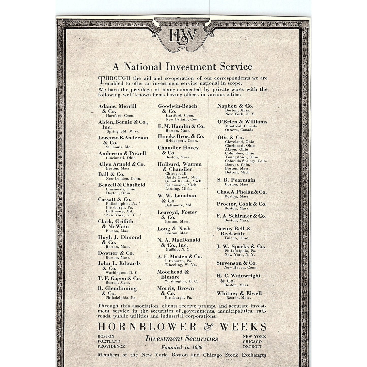 Hornblower & Weeks Investment Securities c1920 Ad AF8-9