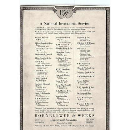 Hornblower & Weeks Investment Securities c1920 Ad AF8-9