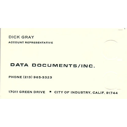 Dick Gray Data Documents Inc City of Industry CA Vintage Business Card SD9-B2