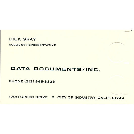 Dick Gray Data Documents Inc City of Industry CA Vintage Business Card SD9-B2