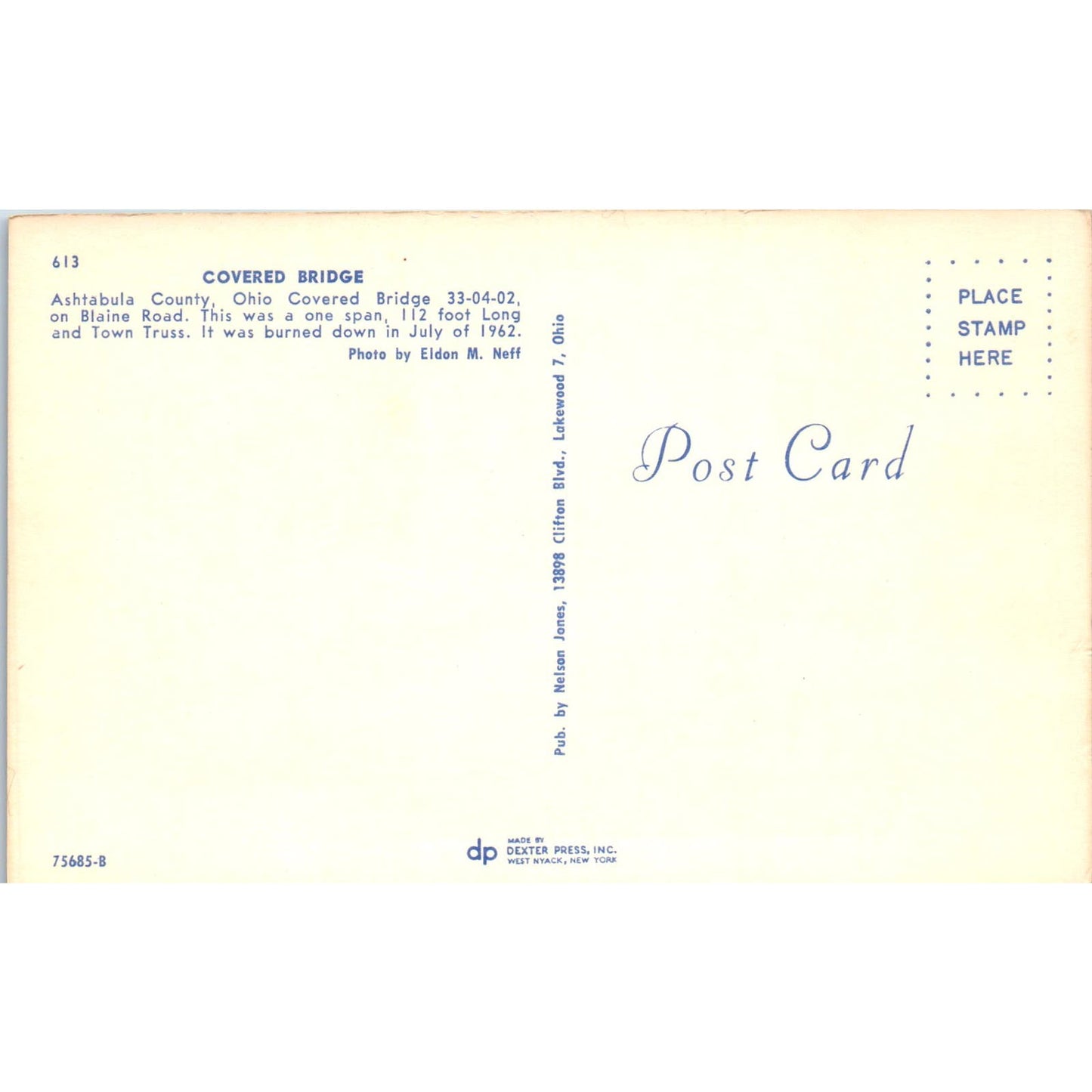 Blaine Road Bridge Ashtabula County Ohio Covered Bridge Postcard PC2