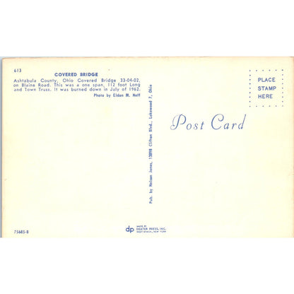 Blaine Road Bridge Ashtabula County Ohio Covered Bridge Postcard PC2