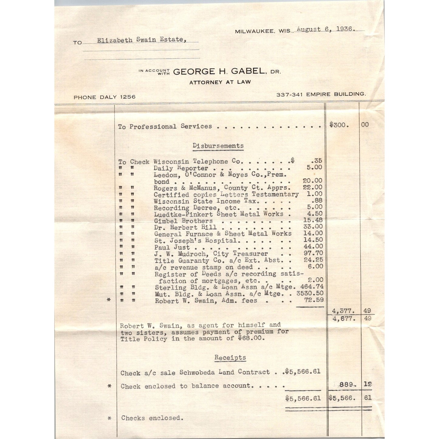 1936 George H Gabel Attorney Empire Building Milwaukee WI Billhead J16