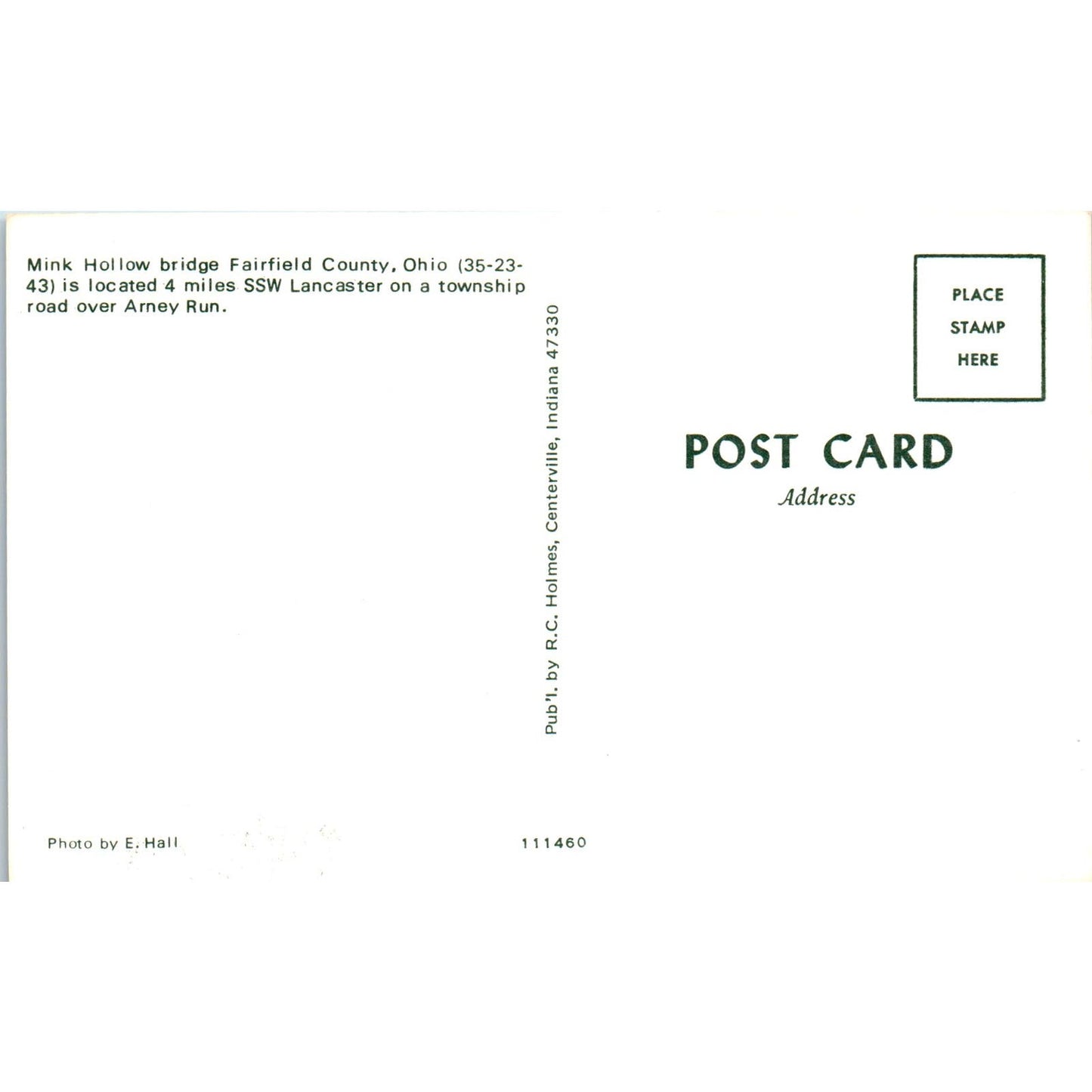 Mink Hollow Bridge Fairfield County Arney Run Ohio Covered Bridge Postcard PC2