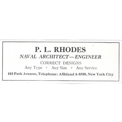 P.L. Rhodes Naval Architect Engineer Park Avenue New York 1932 Ad AG2-M20