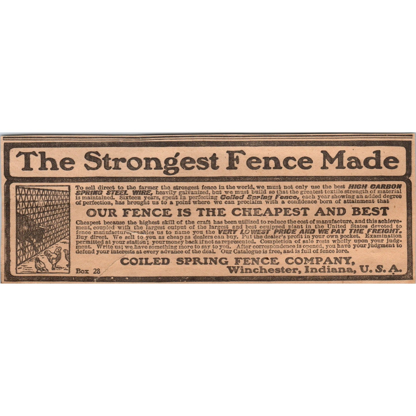 The Strongest Fence Made Coil Spring Fence Co Winchester IN 1905 Ad AF1-NEH