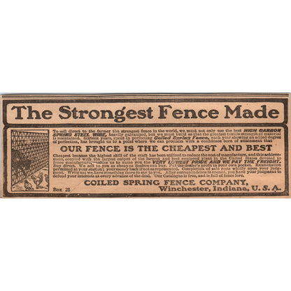 The Strongest Fence Made Coil Spring Fence Co Winchester IN 1905 Ad AF1-NEH