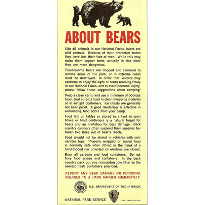 1969 National Park Service Bear Danger Warning 1960s Travel Leaflet TH2-TB4