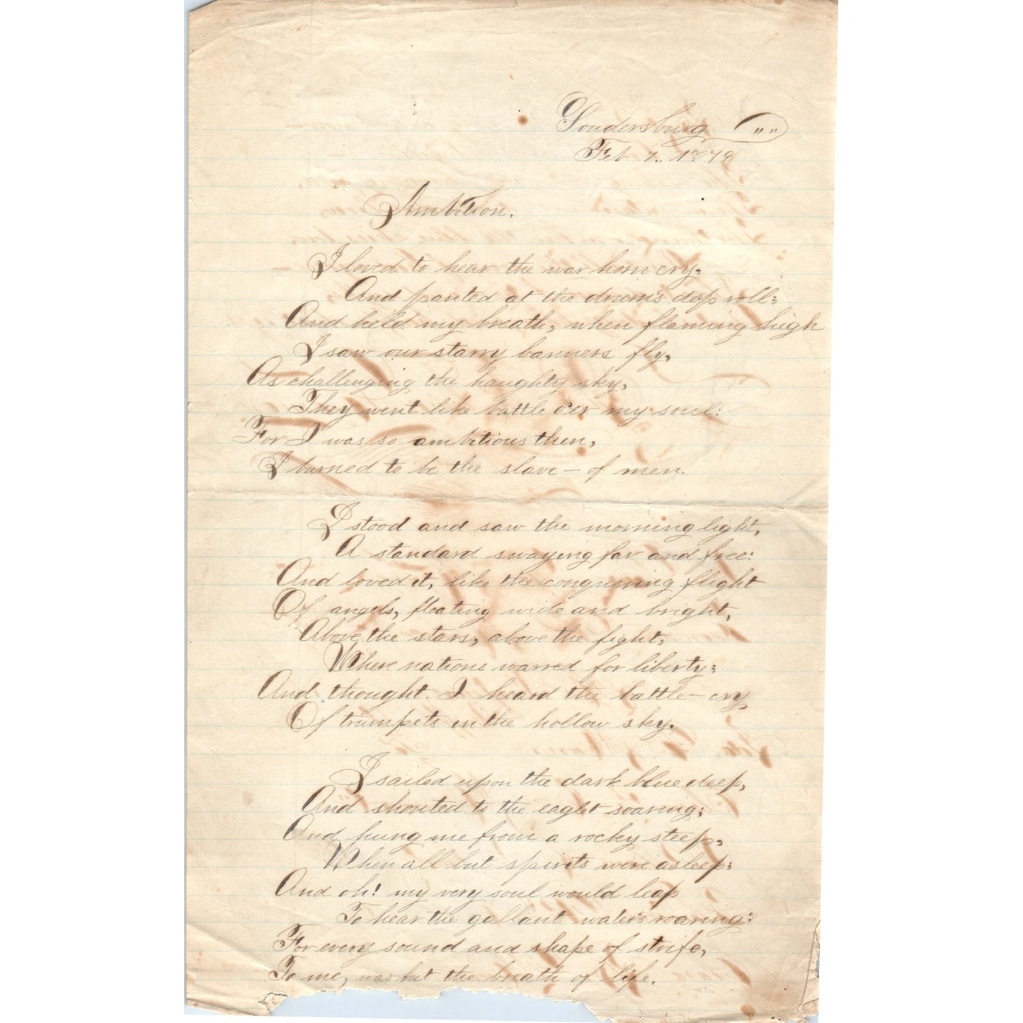 1878 Handwritten Letter - Possibly Schoolwork - Soudersburg B. Elmer Leaman D21