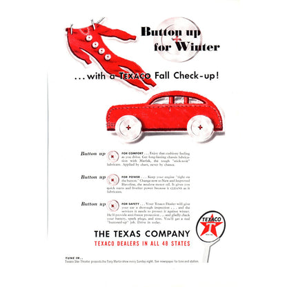 Texaco Gasoline - Button Up For Winter - Vintage Magazine Ad D18