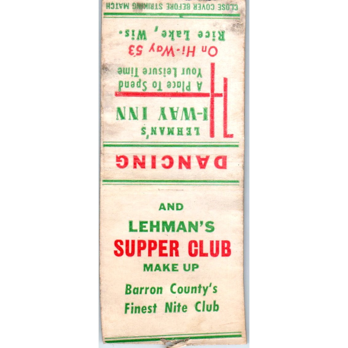 Lehman's I-Way Inn & Supper Club Rice Lake WI Vintage Matchbook Cover SD2-Y3