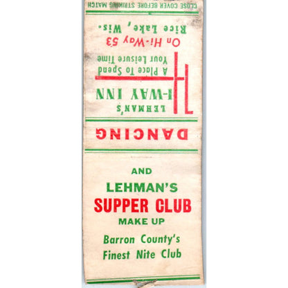 Lehman's I-Way Inn & Supper Club Rice Lake WI Vintage Matchbook Cover SD2-Y3