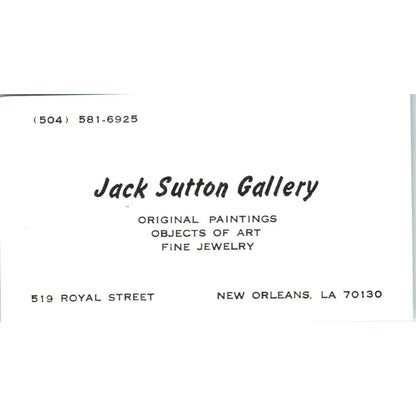 Jack Sutton Gallery New Orleans LA Vintage Business Card SE3-B6