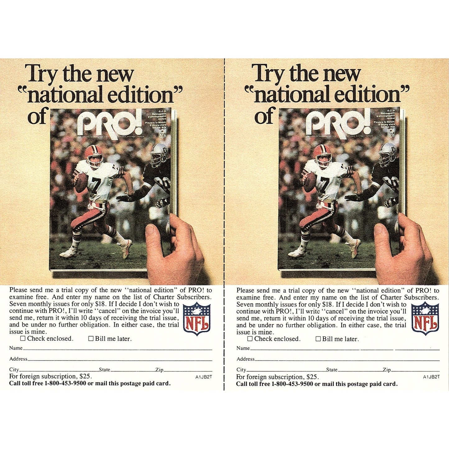 Pro! NFL Football Magazine Double Postal Mailing Card 1981 Ad AF6-17