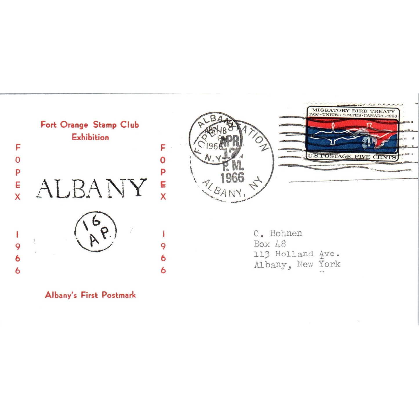 1966 Fort Orange Stamp Club Exhibition Albany 1st Postmark Cachet Cover TI5-PC1