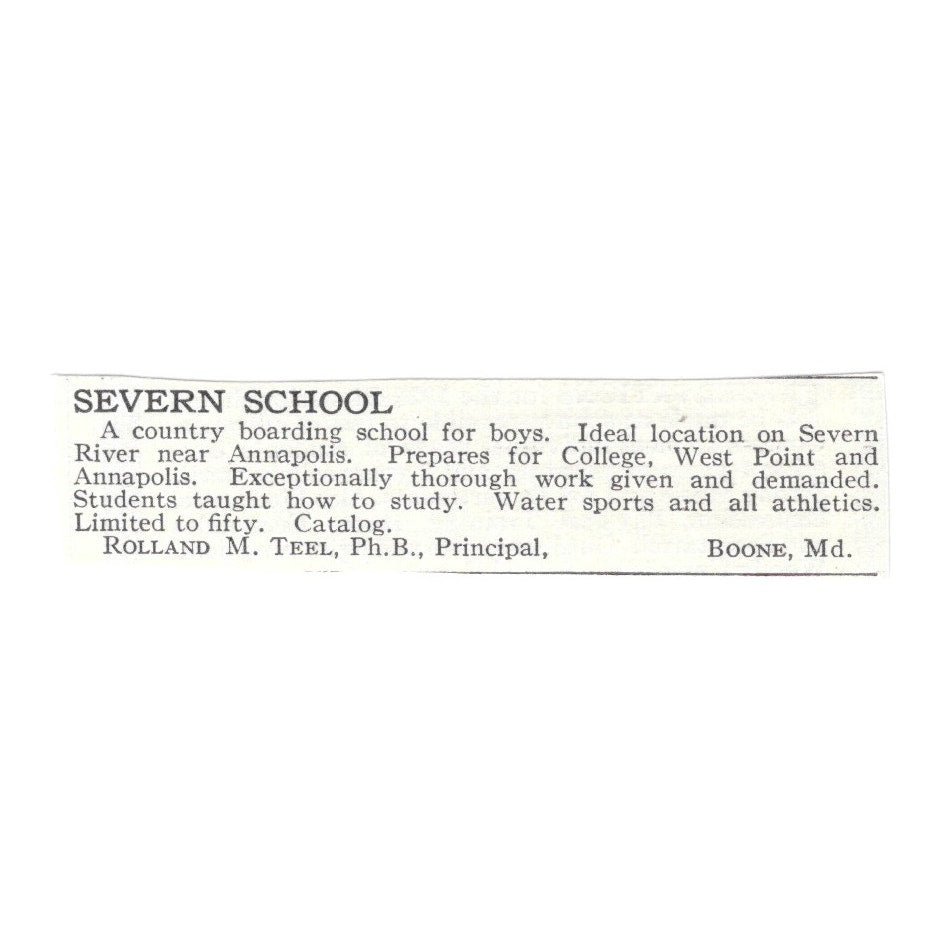 Severn School for Boys Boone MD Rolland M Teel 1920 Harper’s Magazine Ad SAG4-S4