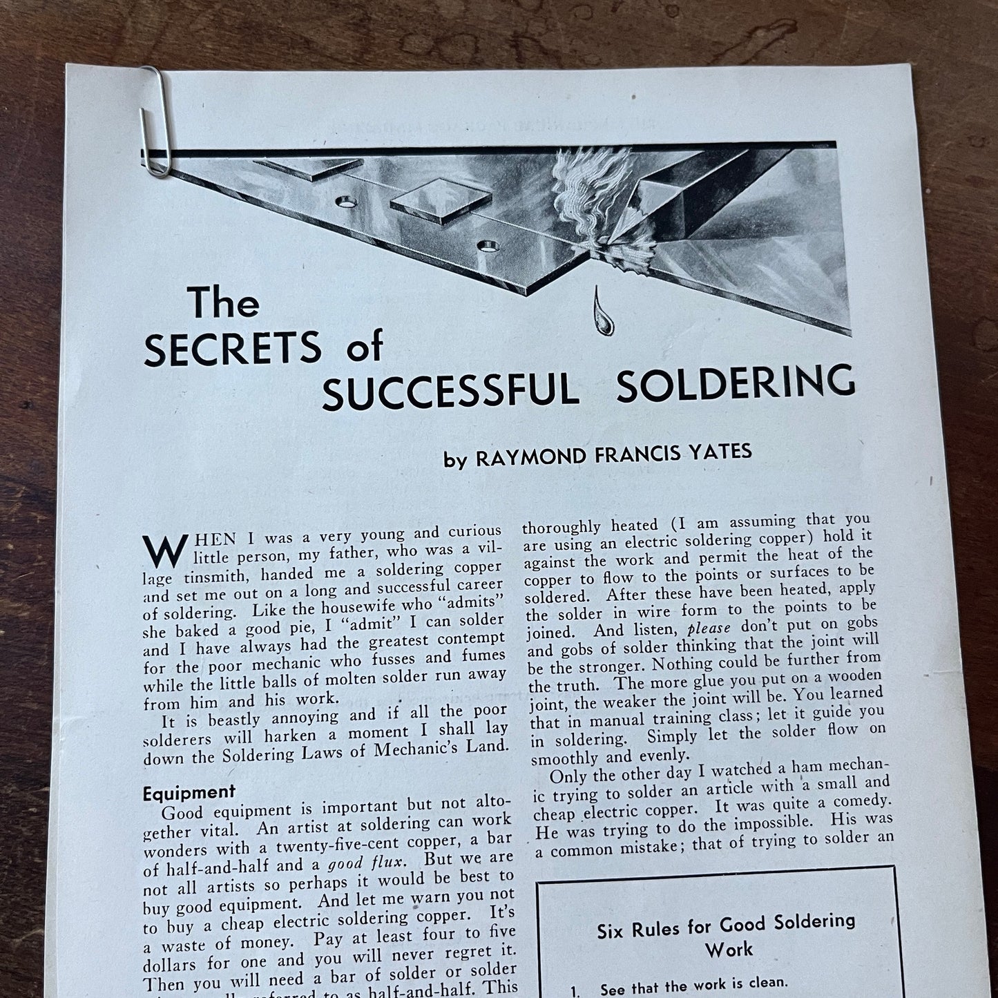 Secrets of Successful Soldering - Raymond F Yates 2 Pages 1931 Article AG1-13