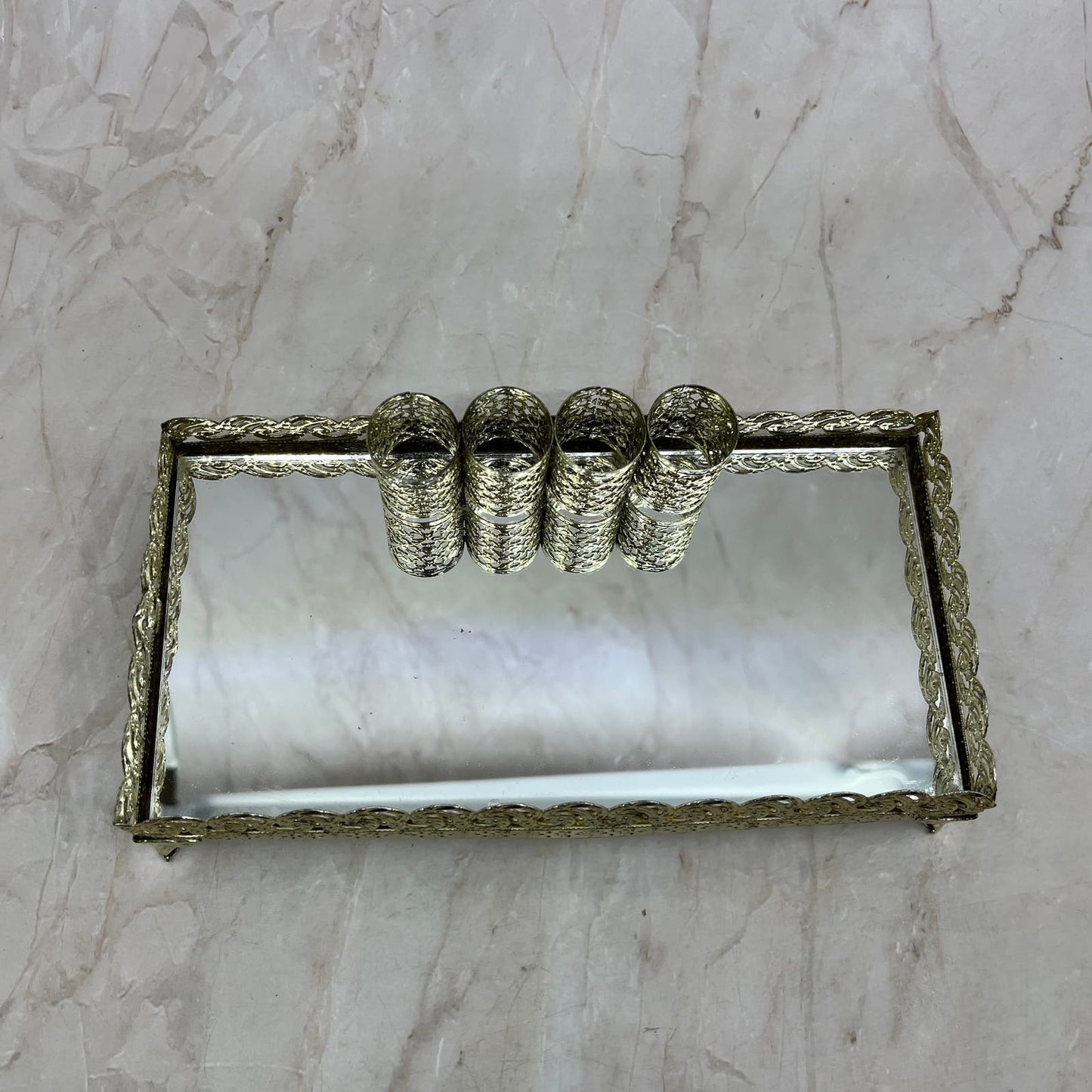 Vintage Lipstick Holder Gold Tone Filigree Ornate Vanity 4 Tubes 4x8” TJ4