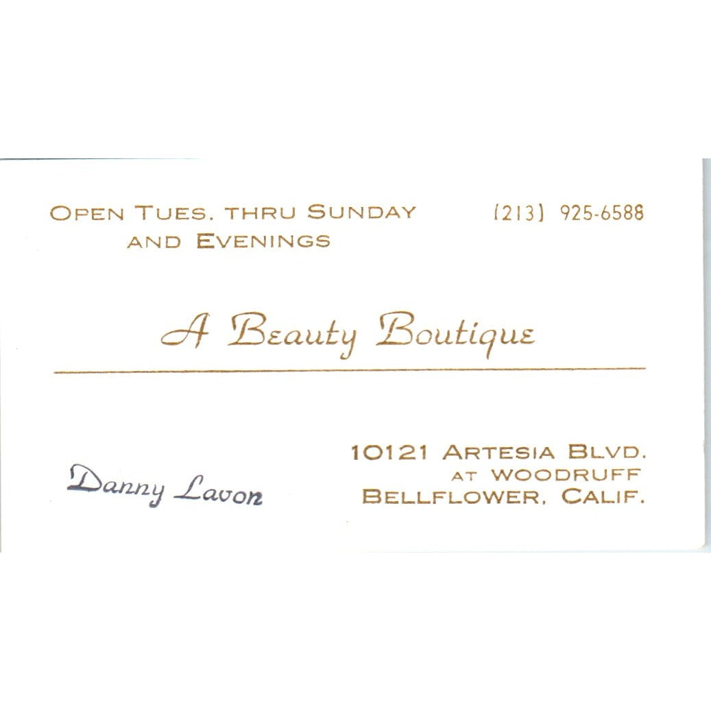 A Beauty Boutique Salon Danny Lavon Bellflower CA Vintage Business Card SD8-B11