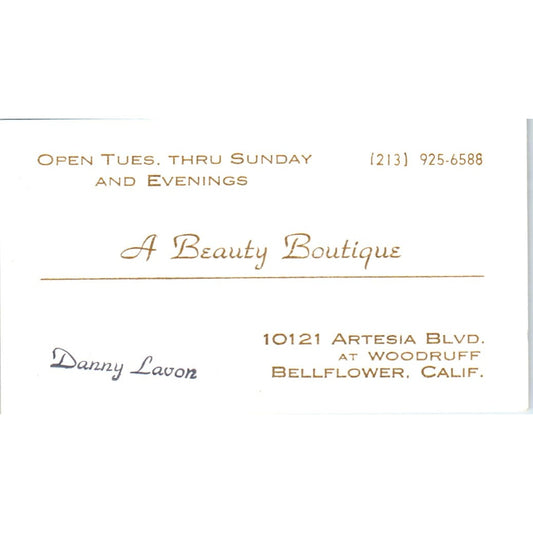 A Beauty Boutique Salon Danny Lavon Bellflower CA Vintage Business Card SD8-B11