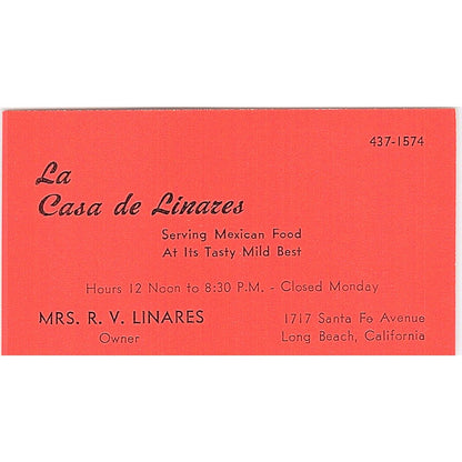 R.V. Linares La Casa De Linares Mexican Long Beach Vintage Business Card SD9-B11
