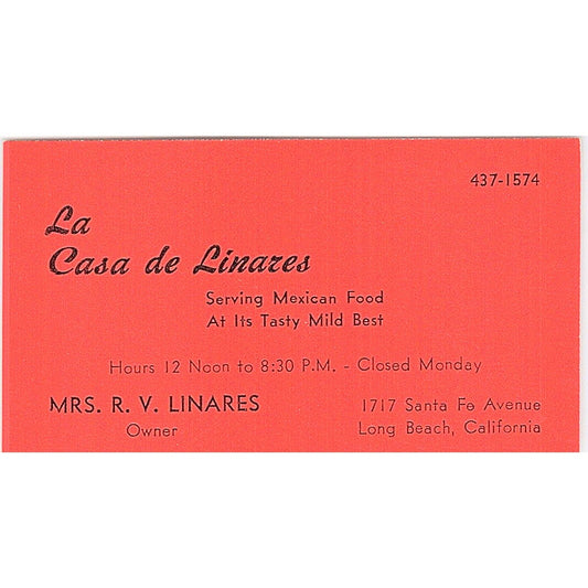 R.V. Linares La Casa De Linares Mexican Long Beach Vintage Business Card SD9-B11
