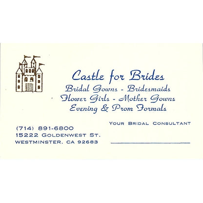 Castle for Brides Bridal Gowns Westminster CA Vintage Business Card SB4-B2
