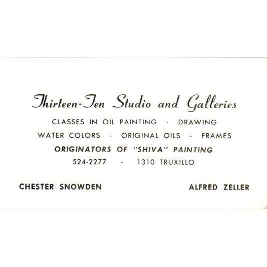Thirteen-Ten Studio Galleries Chester Snowden Alfred Zeller Business Card SD4-B4