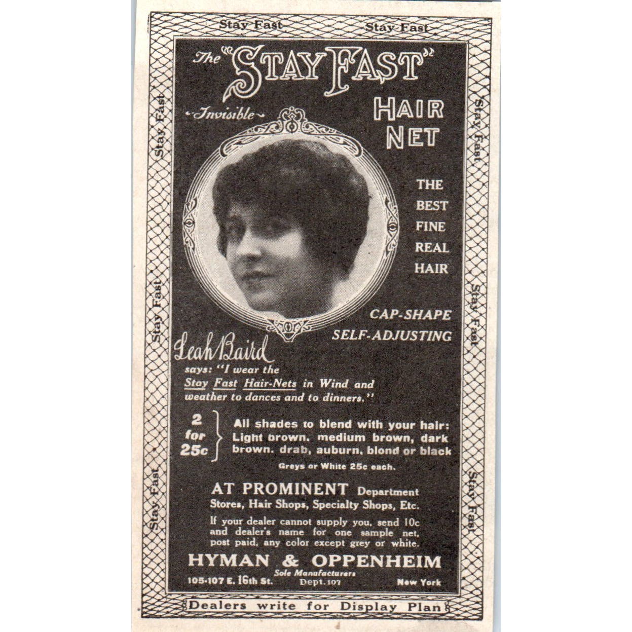 Stayfast Hairnet Hyman & Oppenheim New York 1918 Magazine Ad AF1-WH1