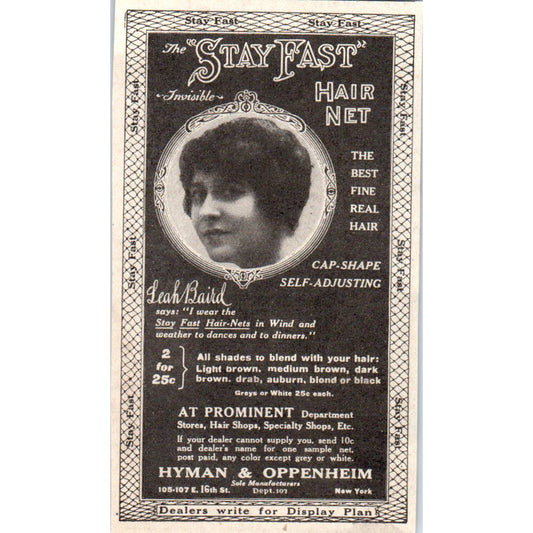 Stayfast Hairnet Hyman & Oppenheim New York 1918 Magazine Ad AF1-WH1