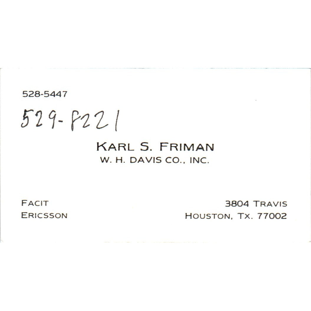 Karl S. Friman Facit Ericsson W.H. Davis Co Houston Vintage Business Card SE3-B2