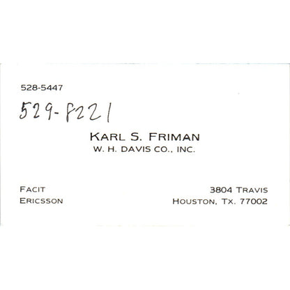 Karl S. Friman Facit Ericsson W.H. Davis Co Houston Vintage Business Card SE3-B2