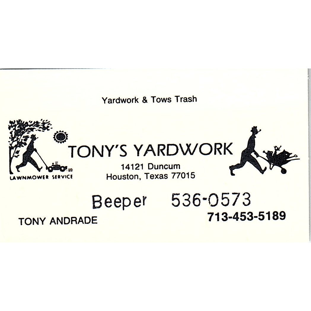 Tony's Yardwork Tony Andrade Houston Vintage Business Card SD9-B13