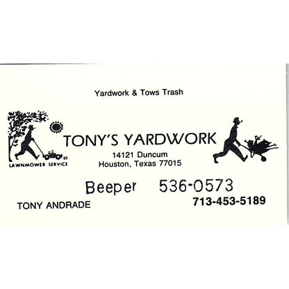 Tony's Yardwork Tony Andrade Houston Vintage Business Card SD9-B13