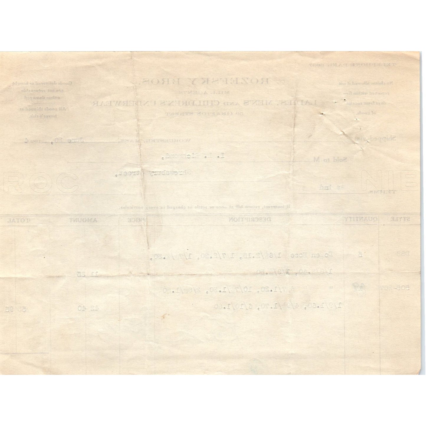 Rozefsky Bros Mill Agents Worcester 1924 Original Billhead Letterhead Receipt D8