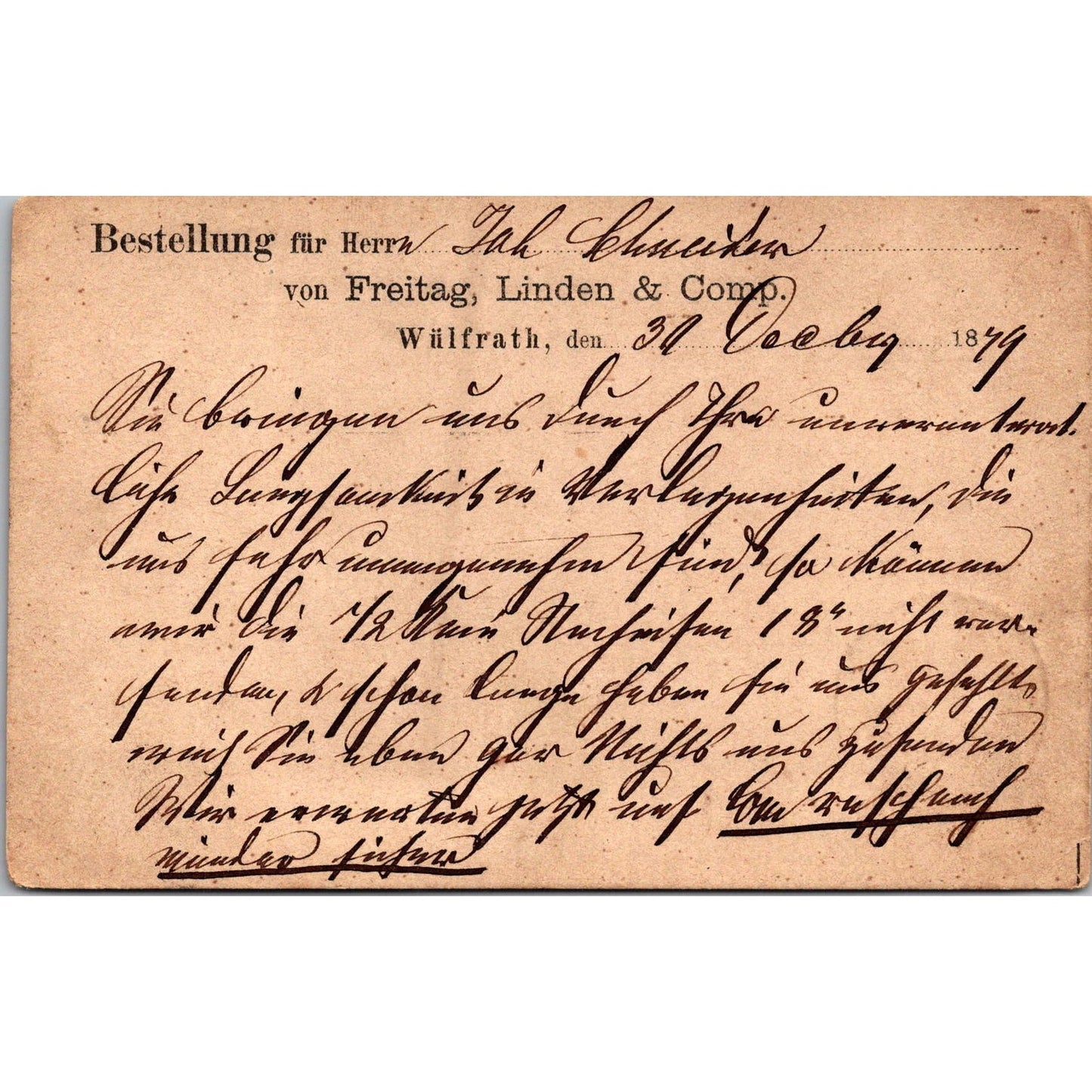 Freitag, Linden & Comp Wülfrath 1879 German Reich Postcard TE2-GRP